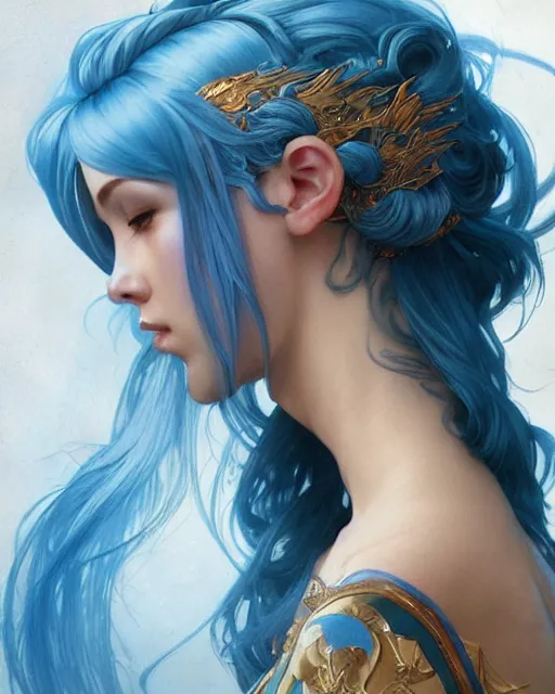 Prompt: Side Profile Portrait of a blue haired Goddess, holding a spark of all creation in her hands, intricate, elegant, overdetailed, professional digital painting, artstation, concept art, smooth, sharp focus, 8K, art by artgerm and greg rutkowski and alphonse mucha and loish and WLOP