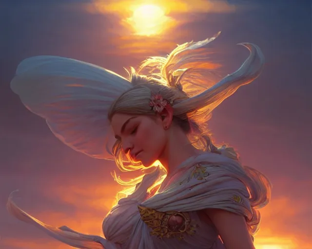 Image similar to a sunset but replace the sun for a flower , D&D, fantasy, intricate, elegant, highly detailed, digital painting, artstation, concept art, matte, sharp focus, illustration, hearthstone, art by Artgerm and Greg Rutkowski and Alphonse Mucha