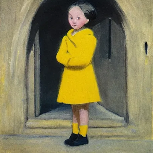 Prompt: a painting of a little girl with short black hair and wearing a yellow coat alone in the inner courtyard of an abbey by hopper