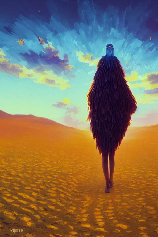 Image similar to giant corn flower head, girl walking in the desert, surreal photography, sunrise, dramatic light, impressionist painting, colorful clouds, digital painting, artstation, simon stalenhag