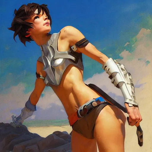 Image similar to greg manchess painting of tracer wearing a knight armor in a beach, medium shot, organic painting, sunny day, bold shapes, hard edges, street art, trending on artstation, by huang guangjian and gil elvgren and sachin teng and artgerm and greg rutkowski and alphonse mucha