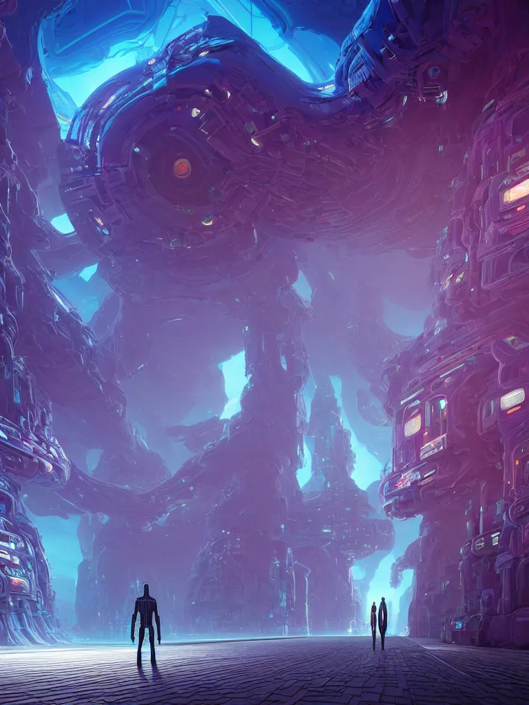 Image similar to entrance to ethereal realm, humans and robots, rendered in unreal engine, central composition, symmetrical composition, dreamy colorful cyberpunk colors, 6 point perspective, fantasy landscape with anthropomorphic!!! terrain!!! in the styles of igor morski, jim warren, and rob gonsalves, intricate, hyperrealistic, volumetric lighting, big sky, distinct horizon