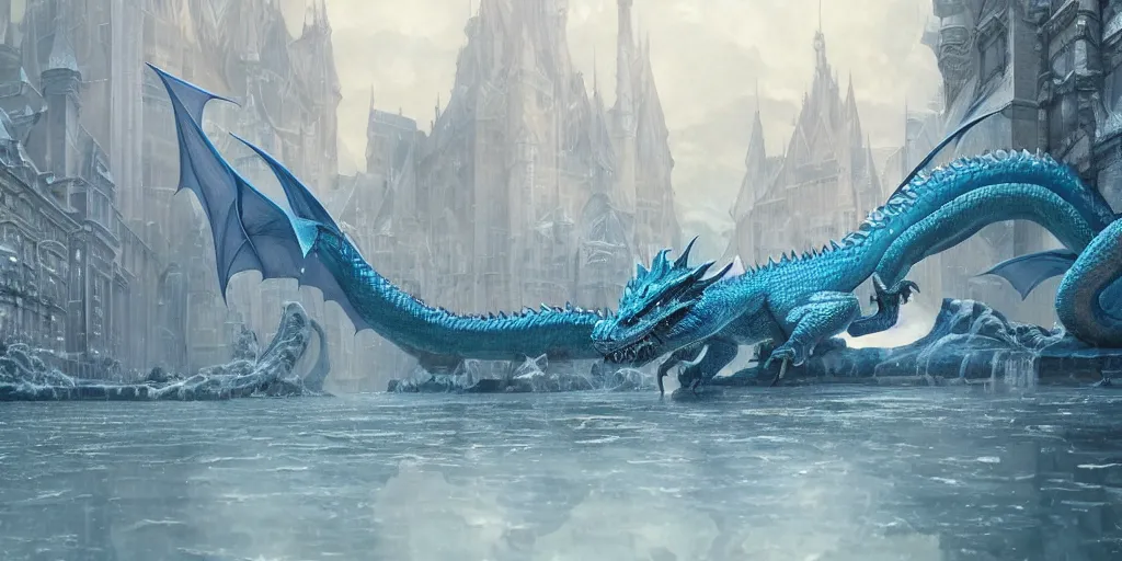 Image similar to Beautiful scaly blue dragon in a snowy city made of water and ice, blue hues, ice blue, reflections, sparkle, full of details, matte painting, a fantasy digital painting, artstation, concept art, sharp focus, illustration, art by greg rutkowski and alphonse mucha