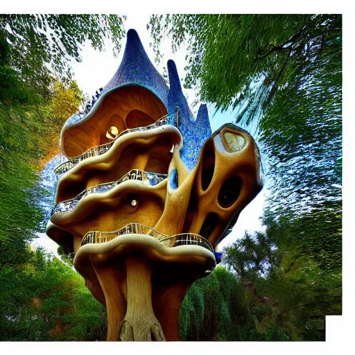 Image similar to Gaudí treehouse, Gaudí inspired, realistic,