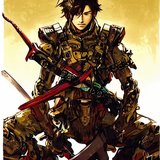 Prompt: portrait of a hero holding his sword in front of his face by yoji shinkawa, high quality, extra details, realism, ornate, colored, golden chain, blood, white skin, short hair, colorful, futuristic, war