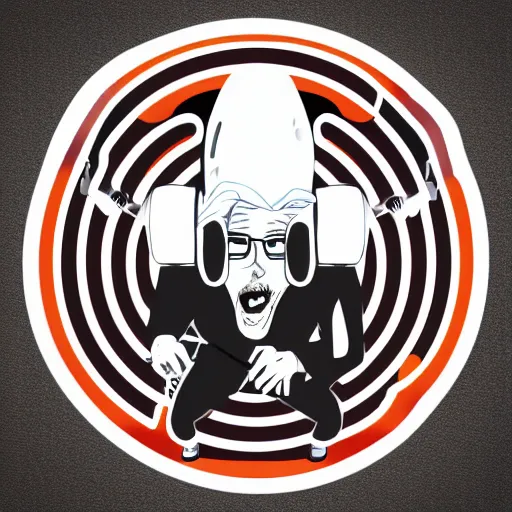 Image similar to svg vector sticker of absolutely insane-mad-scientist-villain, rocking out, wearing headphones, huge speakers, dancing, rave, DJ, spinning records, digital art, amazing composition, rule-of-thirds, award-winning, trending on artstation, featured on deviantart