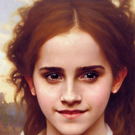 Prompt: Painting of Emma Watson as Hermione Granger. Smiling. Happy. Cheerful. Art by william adolphe bouguereau. During golden hour. Extremely detailed. Beautiful. 4K. Award winning.
