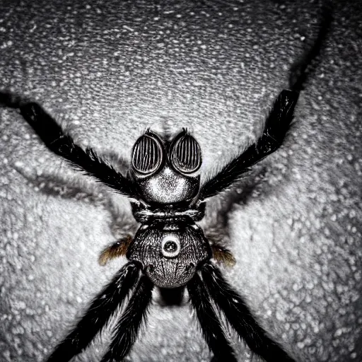 Image similar to macro photograph of a miniature mechanical spider made of silver