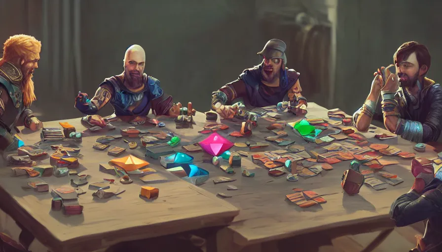 Prompt: concept art of role - playing game players around a table, rolling d 2 0 sides dice. macro. unreal engine 5. octane render. vray. arnold. maya. 1 8 mm lens. gopro, low angle, wide lens. trending on artstation. depth of field. colorful. d & d. centered image.