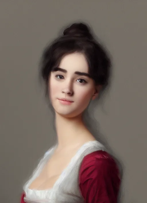 Image similar to a photograpic portrait of young woman, pride and prejudice, realistic, with kind face, dark hair, georgian dress, intricate, elegant, highly detailed, digital painting, smooth, sharp focus