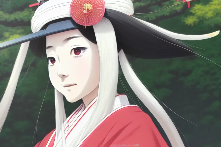 Image similar to portrait of a young japanese girl with long white hair in traditional clothing at a shinto shrine, fine detailed features, trending on pixiv fanbox, ilya kuvshinov makoto shinkai takashi takeuchi studio ghibli, akihiko yoshida, 4 k