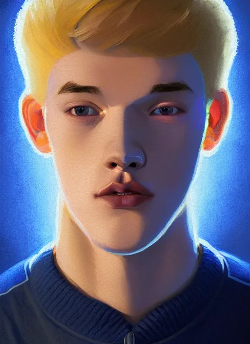 Image similar to portrait of high school senior boy named big moose, blonde short hair, jock, beefy, wide face, square jaw, square facial structure, blue varsity jacket with letter r, intricate, elegant, glowing lights, highly detailed, digital painting, artstation, concept art, sharp focus, illustration, art by wlop, mars ravelo and greg rutkowski