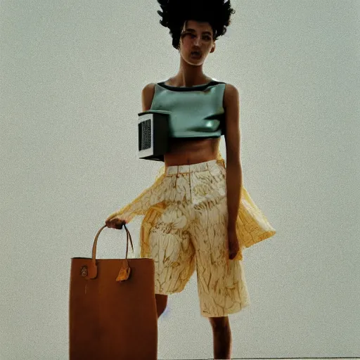 Image similar to realistic photoshoot for a loewe lookbook, color film photography, portrait of a beautiful caucasian person, in style of Tyler Mitchell, 35mm, graflex