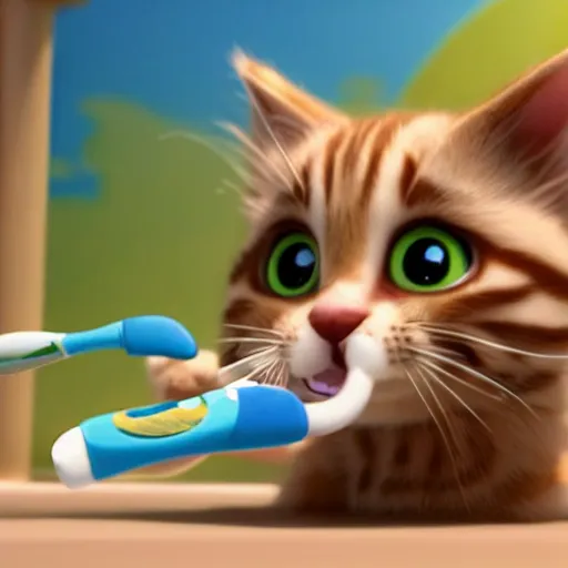 Image similar to a kitten character brushing teeth with a toothbrush and toothpaste, still from the movie pets, pixar render, dreamworks, movie poster disney