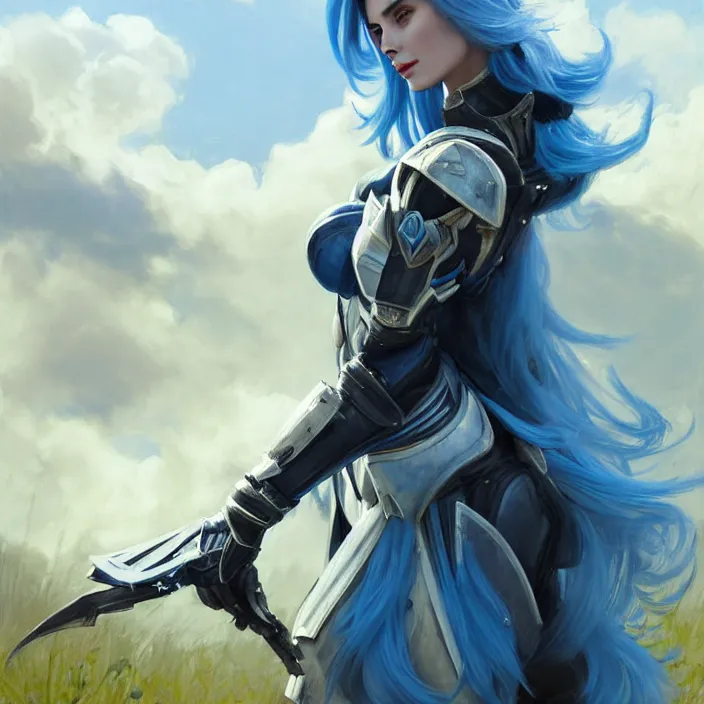 Prompt: portrait of a combination of Ashley Greene, Adriana Dxim, Grace Kelly and Lily Collins with blue hair in Warframe armor, countryside, calm, fantasy character portrait, dynamic pose, above view, sunny day, thunder clouds in the sky, artwork by Jeremy Lipkin and Giuseppe Dangelico Pino and Michael Garmash and Rob Rey and Greg Manchess and Huang Guangjian, very coherent asymmetrical artwork, sharp edges, perfect face, simple form, 100mm