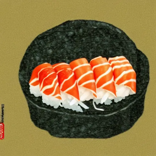 Prompt: a sushi roll in the style of hieronymus bosch