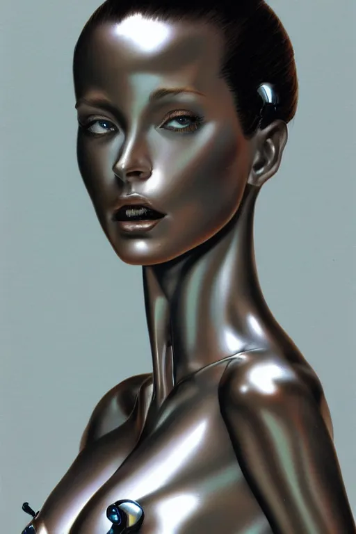 Image similar to a portrait of a gynoid with mechanical part by Hajime Sorayama, highly detailed, trending on artstation