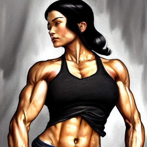 Prompt: a black haired tomboy athletic muscular woman in a black tank top, muscular upper body, abs, D&D, fantasy, intricate, elegant, highly detailed, digital painting, artstation, concept art, smooth, sharp focus, illustration, art by artgerm and greg rutkowski and alphonse mucha