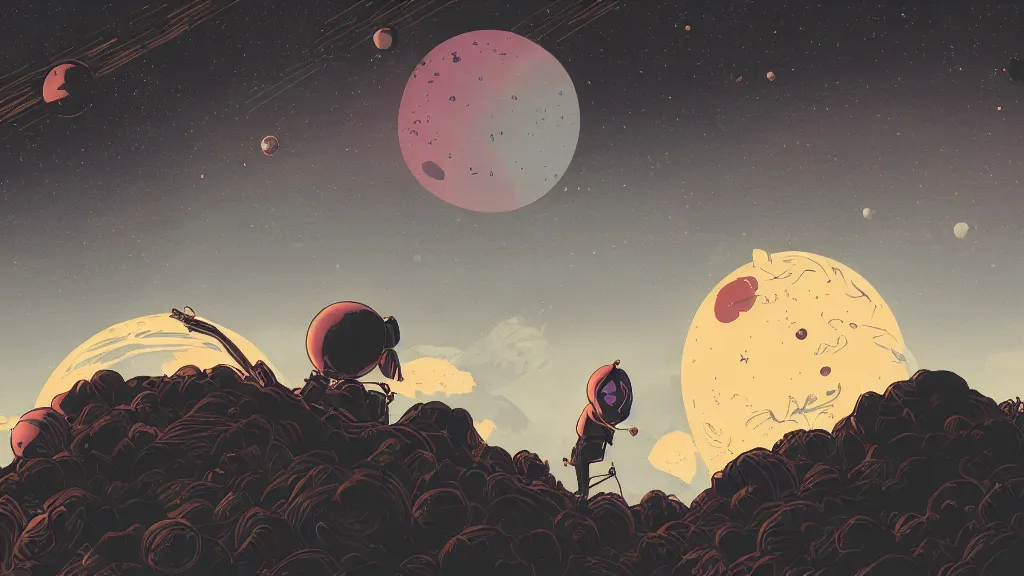 Prompt: very detailed, prophet graphic novel, ilya kuvshinov, mcbess, rutkowski, simon roy, illustration of a malevolent planet looming in the distance, a ring of space junk floats around the planet, wide shot, colorful, deep shadows, astrophotography