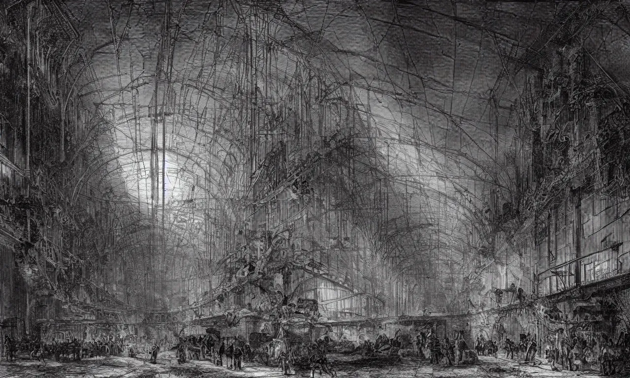 Image similar to dark glowing cargo hall and corridors of huge space ship halls cages with strange animals detailed piranesi lithography