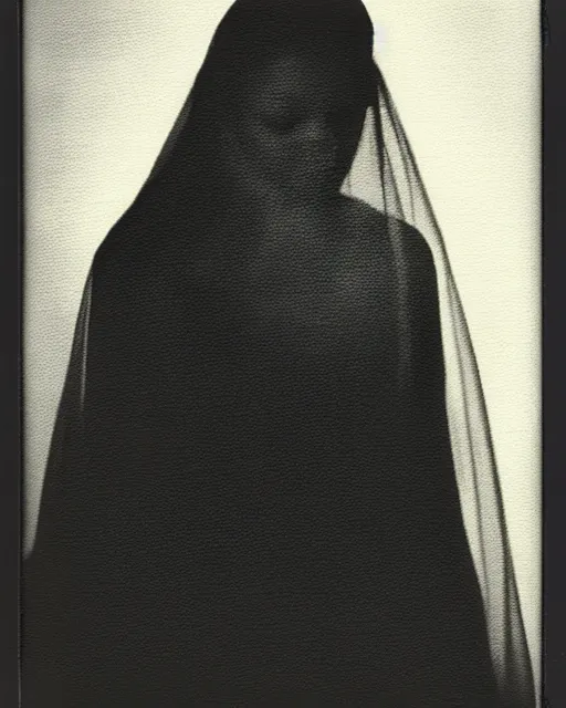 Prompt: photorealism, polaroid, black and white, woman's silhouette, black veil, impressionism