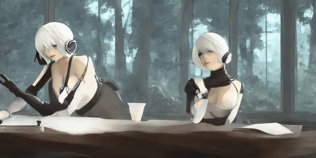 Prompt: 2b from nier automata sitting at a desk studying with cat ear headphones on, background is a tinted window looking out into a gigantic white church, Ghibli studio art, by Hayao Miyazaki, high quality anime, digital art, detailed facial features, imaginary slice of life