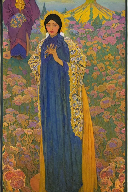 Prompt: queen of flowers in the snow, by Nicholas Roerich and Annie Swynnerton and Diego Rivera and John William Godward, dramatic cinematic lighting , ornate headdress , flowing robes, sacred artifacts, lost civilizations, smooth, sharp focus, extremely detailed