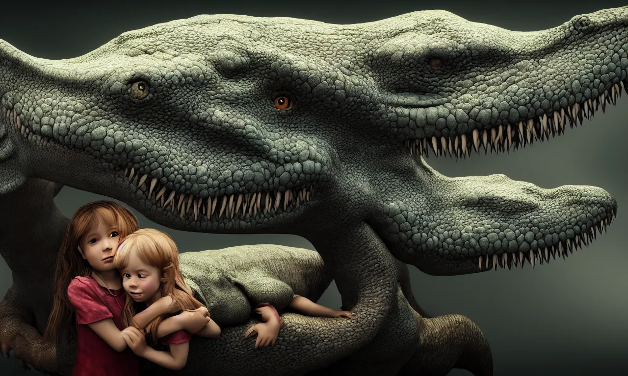 Image similar to portrait of a little girl cuddling with her beloved tyrannosaurus, very high detail, raytracing, back light, raymarching, by ilm, by digital domain, by weta digital