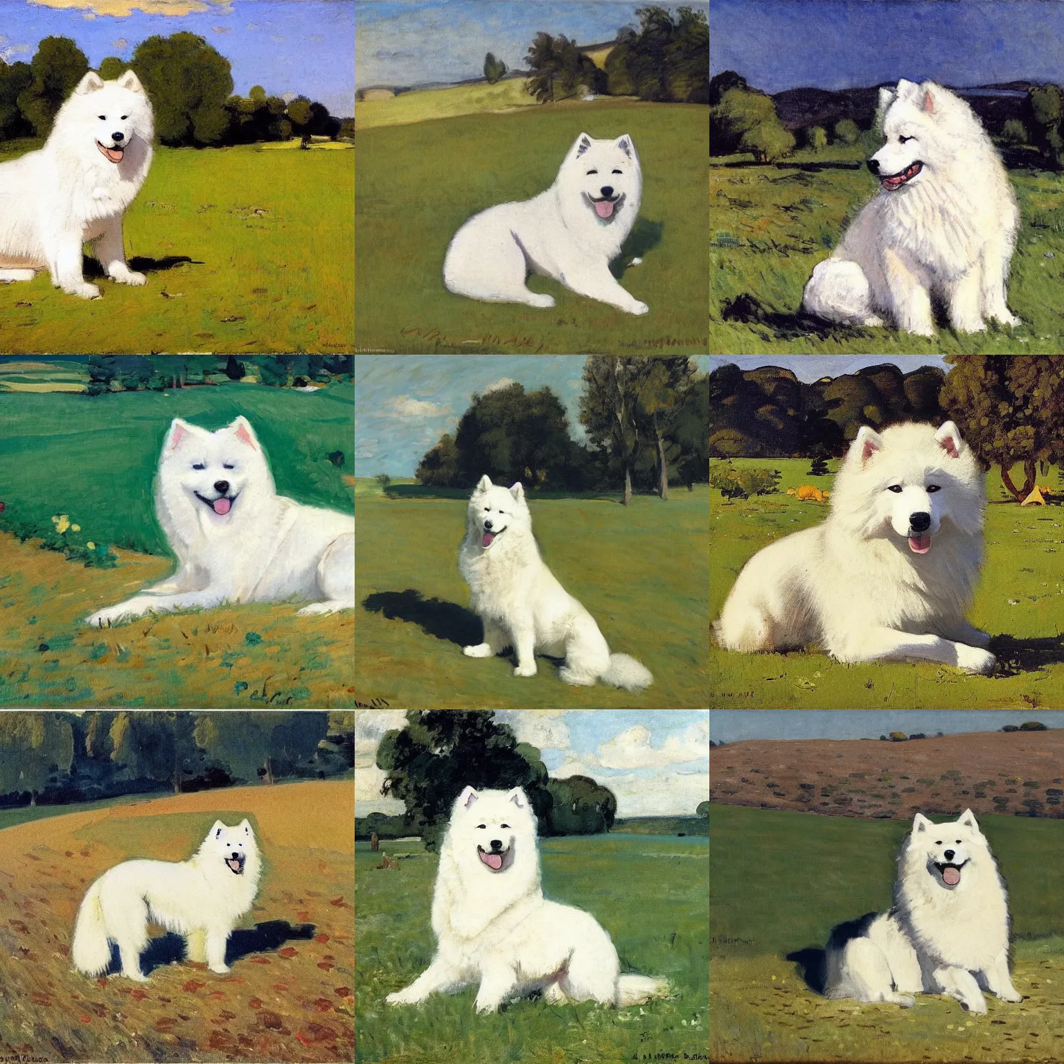 Prompt: a samoyed dog sitting in the middle of sunny meadow, by alfred henry maurer