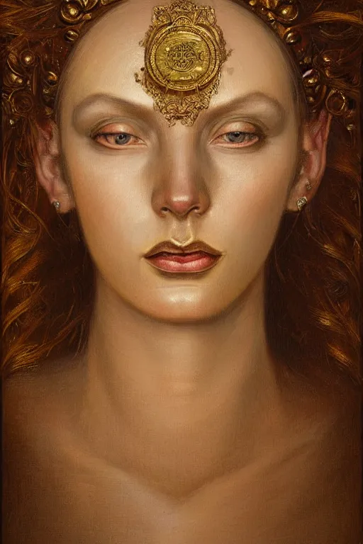 Prompt: hyper realistic painting portrait of madness queen, occult diagram, elaborate details, detailed face, intrincate ornaments, gold decoration, occult art, oil painting, art noveau, in the style of roberto ferri, gustav moreau, jean delville, bussiere, andrew gonzalez