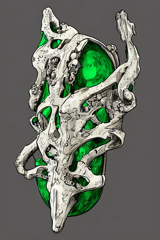 Image similar to an ancient white bone and emerald gemstone relic, intricate engraving, concept art style