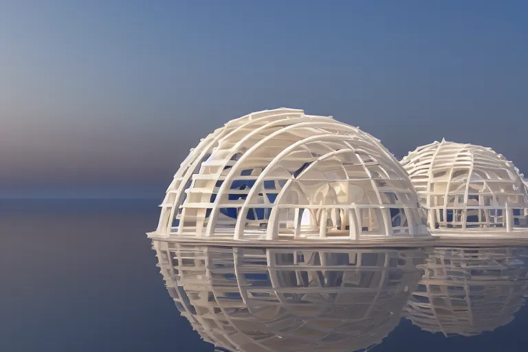 Image similar to a building composed of many white spherical egg shaped circular spaces and boolean combinations stacked together. on the calm lake, people's perspective modern curved architecture, future, wood, marble, metal award winning, highly detailed 4 k art, dusk, unreal engine highly rendered, global illumination, radial light, internal environment by kazuyo sejima