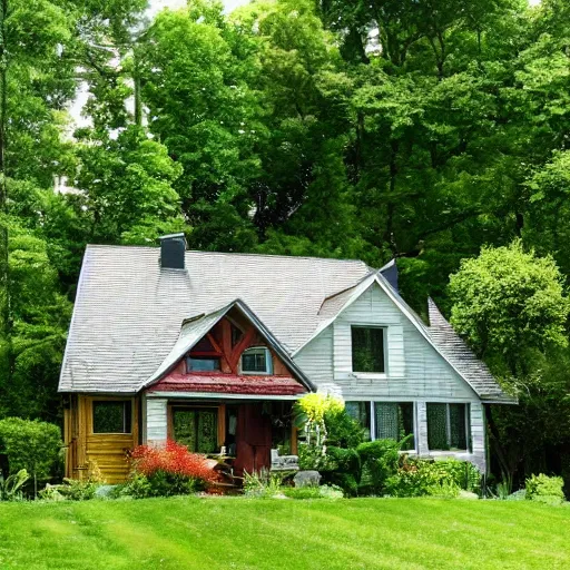 Image similar to a cottage with a lush front yard, with a weird creature