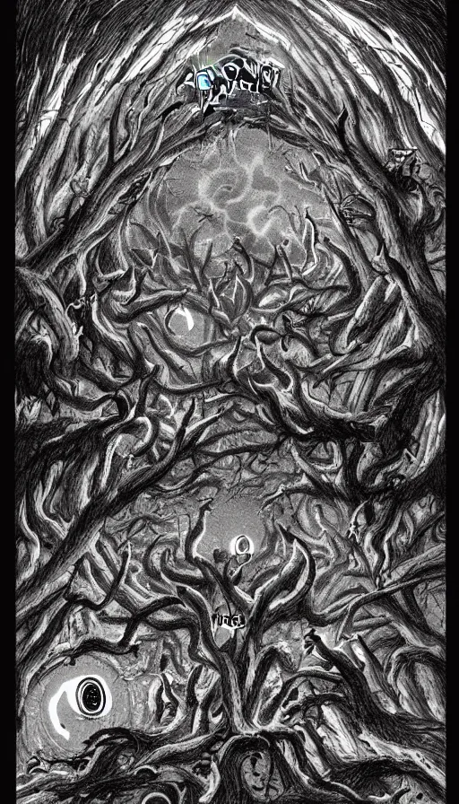 Prompt: a storm vortex made of many demonic eyes and teeth over a forest, by khara inc