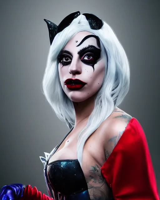 Image similar to 5 5 mm portrait photo of lady gaga as harley quinn. beautiful. magical atmosphere. art by artgerm and greg rutkowski. highly detailed 8 k. intricate. lifelike. soft light. nikon d 8 5 0.