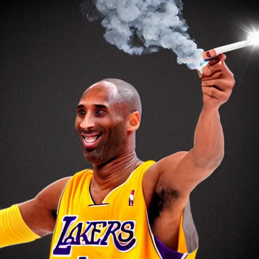 Image similar to selfie of kobe bryant holding a giant cigarette in a helicopter filled with smoke, 8k resolution, hyper detailed, shot in the air