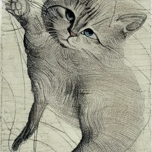 Image similar to da vinci ’ s sketchbook, showing the detailed design of cats,