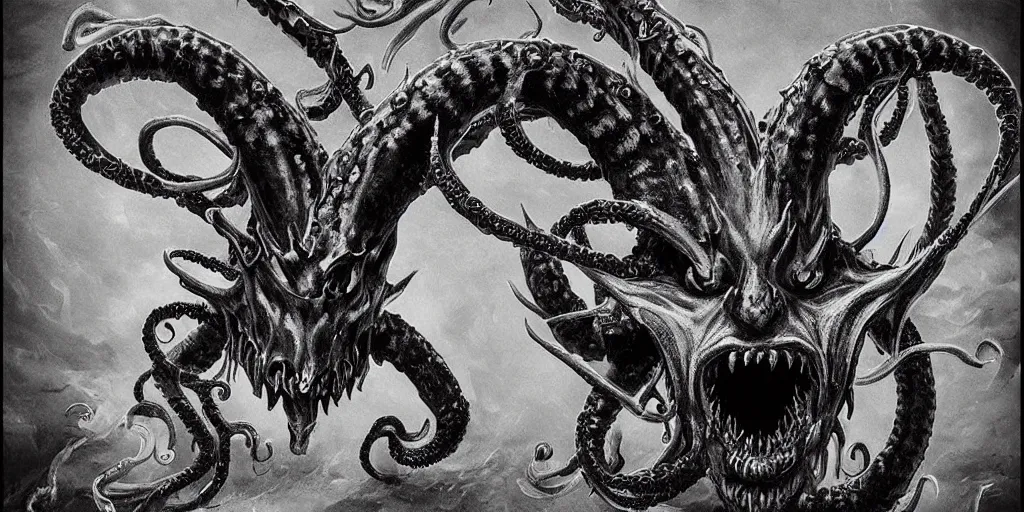 Prompt: highly detailed black and white photography of a demon face with pointed horns and tentacles, beautiful face, art by durero, illustration