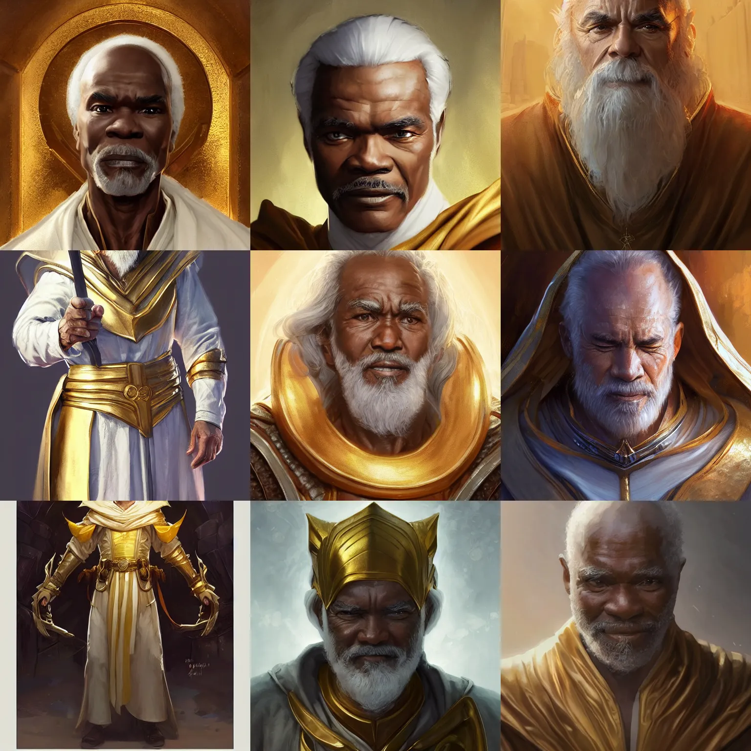 Prompt: old male cleric, glynn turman, art by artgerm and greg rutkowski and magali villeneuve, gold and white robes, solarpunk, d & d, fantasy, highly detailed, headshot, digital painting, trending on artstation, concept art, sharp focus, illustration