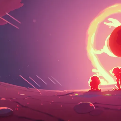 Prompt: baby harp seals astronauts firing flamethrowers at giant tentacle alien monsters on a pink and orange planet, clouds, mist, atey ghailan, goro fujita, studio ghibli, rim light, stark lighting, clear focus, very coherent,