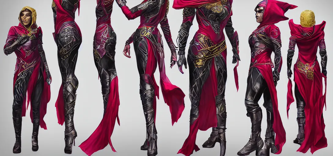 Image similar to character sheet concept art of female superhero from destiny 2, hooded opalescent diaphanous robe with intricate gold inlay, red fabric, gypsy, face paint, ferrofluid, realistic, hyperrealistic, photographic, costume, wlop, dan mumford, greg rutkowski, high detail, octane render, alexander mcqueen, james gurney, photo, 8 k, intricate