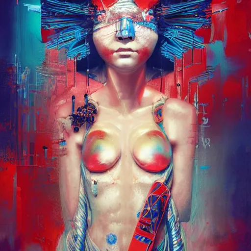 Prompt: cyberpunk geisha warrior by cy Twombly and BASTIEN LECOUFFE DEHARME, iridescent, red and blue, detailed fractal costum, high tech, circuit boards
