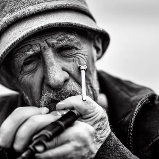 Image similar to close-up of a sad tired old man with a pipe, XF IQ4, 150MP, 50mm, f/1.4, ISO 200, 1/160s, natural light, Adobe Photoshop, Adobe Lightroom, DxO Photolab, Corel PaintShop Pro, rule of thirds, symmetrical balance, depth layering, polarizing filter, Sense of Depth, AI enhanced