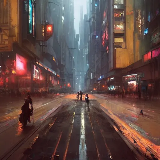 Prompt: empty sidewalk of a cyberpunk megacity, dramatic lighting, detailed background, gorgeous view, realistic, high detail, depth of field, lightrays, atmospheric, digital art, painted by greg rutkowski, painted by jeremy mann, painted by alphonse mucha, trending on artstation