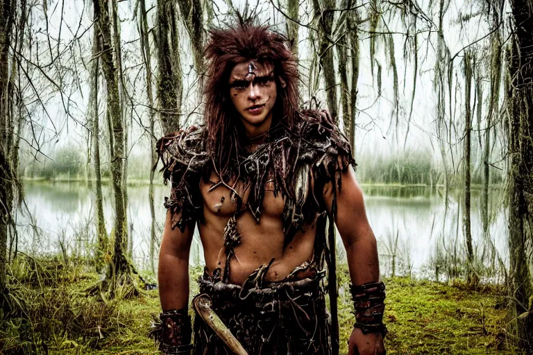 Prompt: character and environment photography, portrait shamanistic infested 2 0 - year - old male barbarian in swamp, messy hair, old tattered armor, medium shot, wide angle, 2 0 0 px, full front, natural light