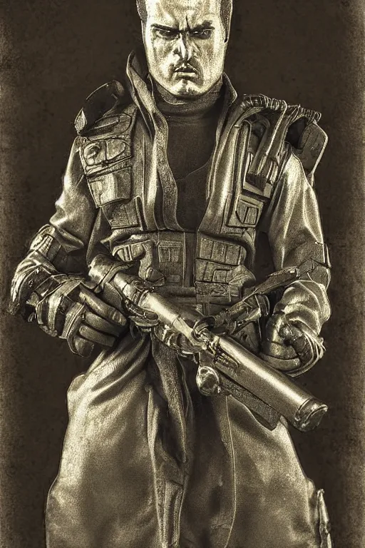 Image similar to destro from g. i. joe, portrait, full body, symmetrical features, silver iodide, 1 8 8 0 photograph, sepia tone, aged paper, sergio leone, master prime lenses, cinematic