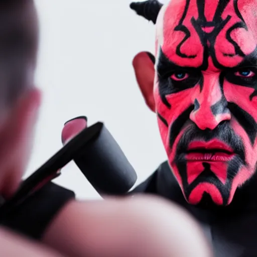 Image similar to a high quality studio photograph of darth maul preparing his makeup, sigma 7 5 mm, masterpiece, magazine