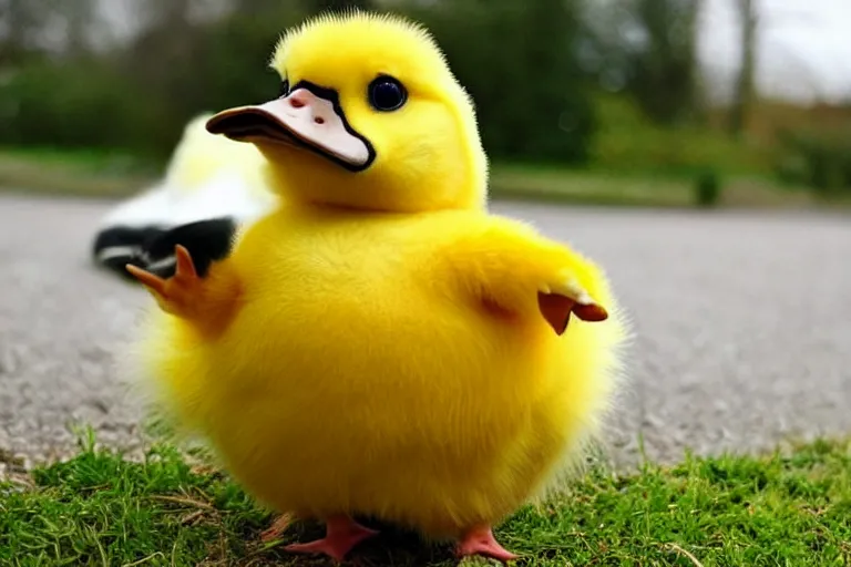Image similar to real life psyduck pokemon, cute!!!, heroic!!!, adorable!!!, playful!!!, chubby!!! fluffly!!!, happy!!!, cheeky!!!, mischievous!!!, ultra realistic!!!, spring time, slight overcast weather, golden hour, sharp focus