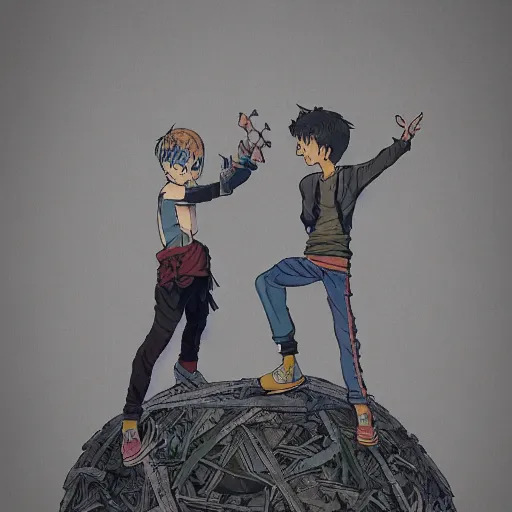 Image similar to rpg character concept art, twin brothers being cute doing acroyoga in a junkyard, no soup, intricate detail, in the style of jamie hewlett killian eng kawase hasui riyoko ikeda, 3 d render, artstation trending, 8 k, octane render, photorealistic, volumetric lighting caustics, sharp detail, manga, black and white