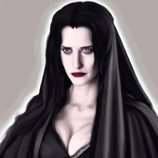 Image similar to portrait of a young eva green as yennefer from the witcher wearing black robes